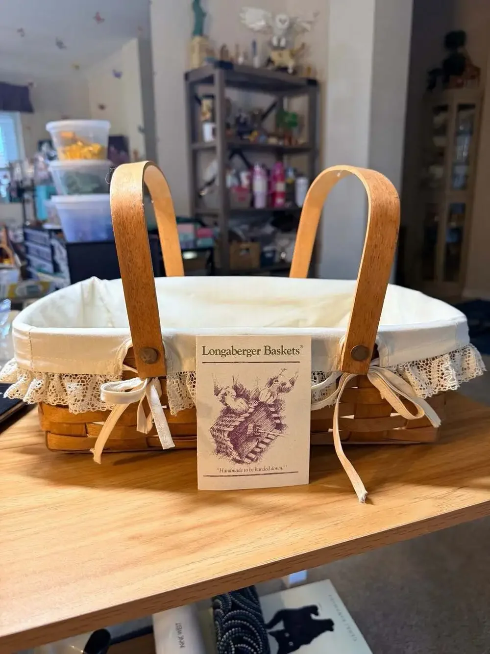 Vintage 1991 Longaberger Handled Basket with Lace-Trimmed Liner